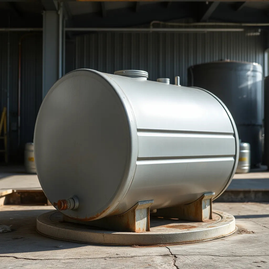 Metal water tank with visible anti-rust coating texture and subtle protective finish