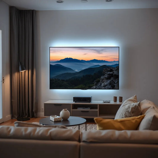 Modern living room with a flat-screen TV showing a crisp 4K landscape with lifelike detail