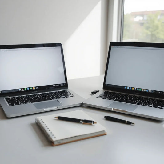 Two modern laptops on a clean desk setup for work and study in a bright, minimal workspace