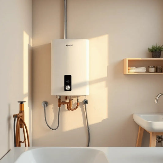 Wall-mounted 15L water heater in a clean utility room with visible plumbing connections