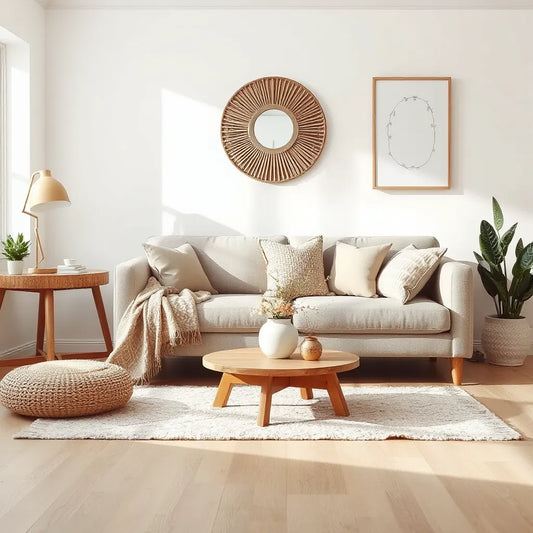 Cozy living room styled with neutral furniture, cushions, a wooden table, and fresh flowers