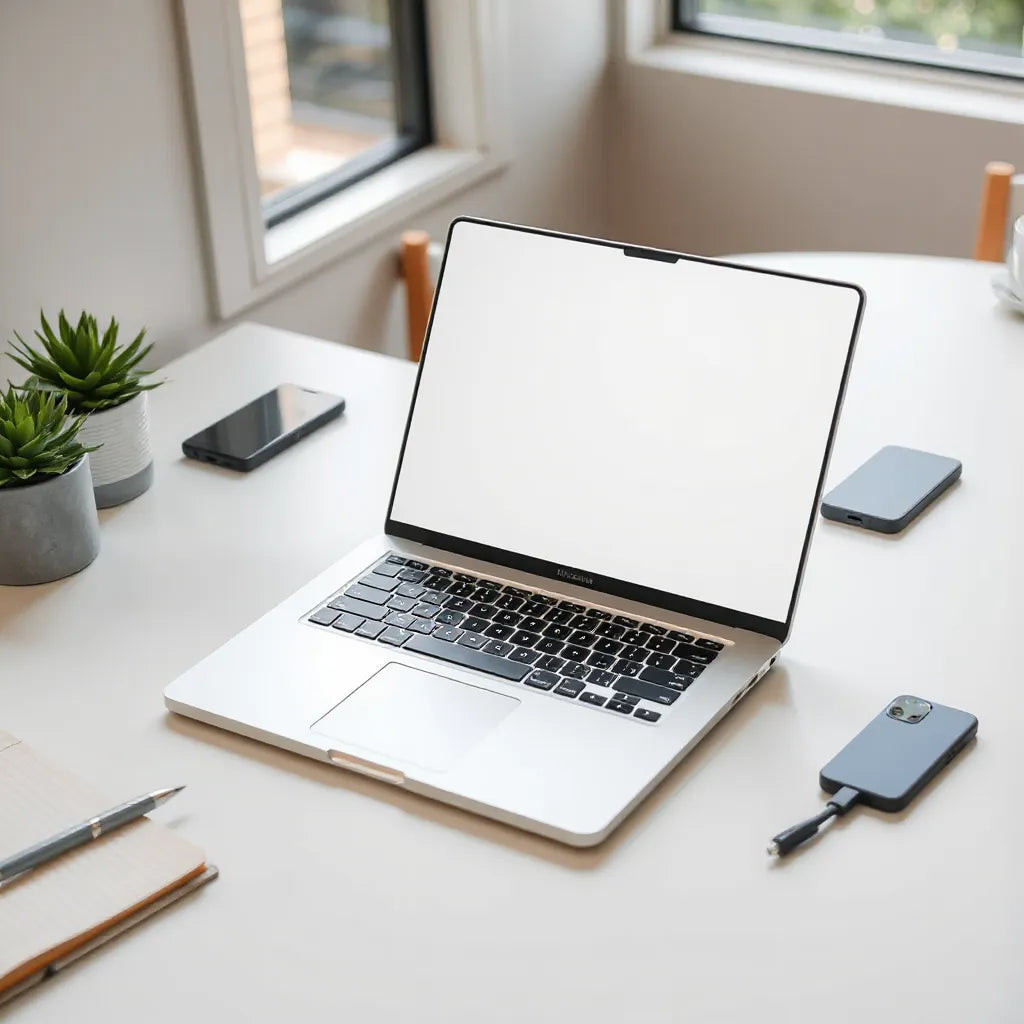 Modern laptop on a clean desk with notebook and smartphone in the background