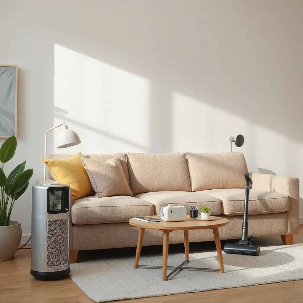 Cozy living room with neatly arranged smart home gadgets like an air purifier and smart plug