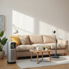Cozy living room with neatly arranged smart home gadgets like an air purifier and smart plug