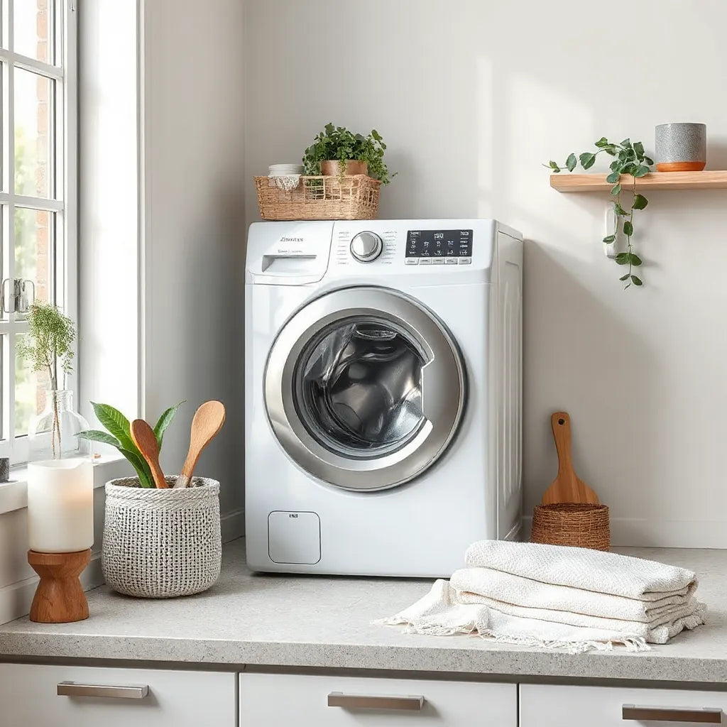 Eco-friendly washing machine in a bright laundry room with clean towels and indoor plants