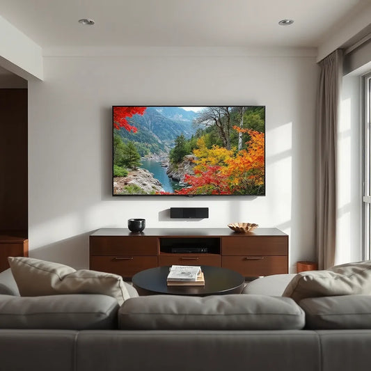 Modern living room with a large smart TV showing vibrant high-contrast video