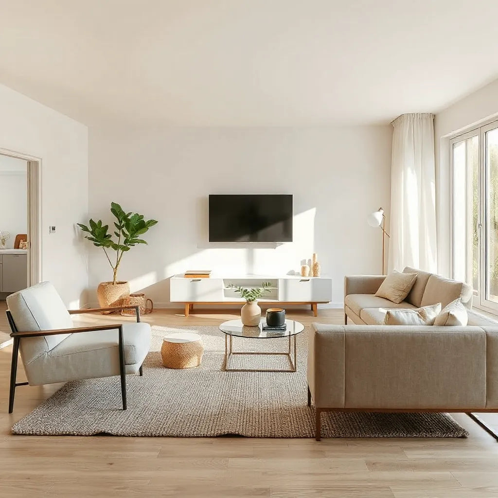 Bright living room with sleek modern sofa, minimalist coffee table, and contemporary armchair.