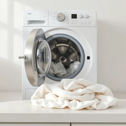 Washing machine with gentle steam rising above fresh laundry for deep cleaning
