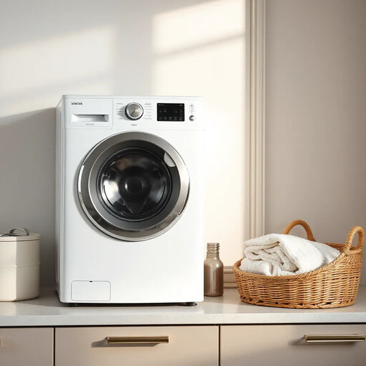 Modern fully automatic washing machine in a bright, minimalist laundry room with neatly folded laundry nearby