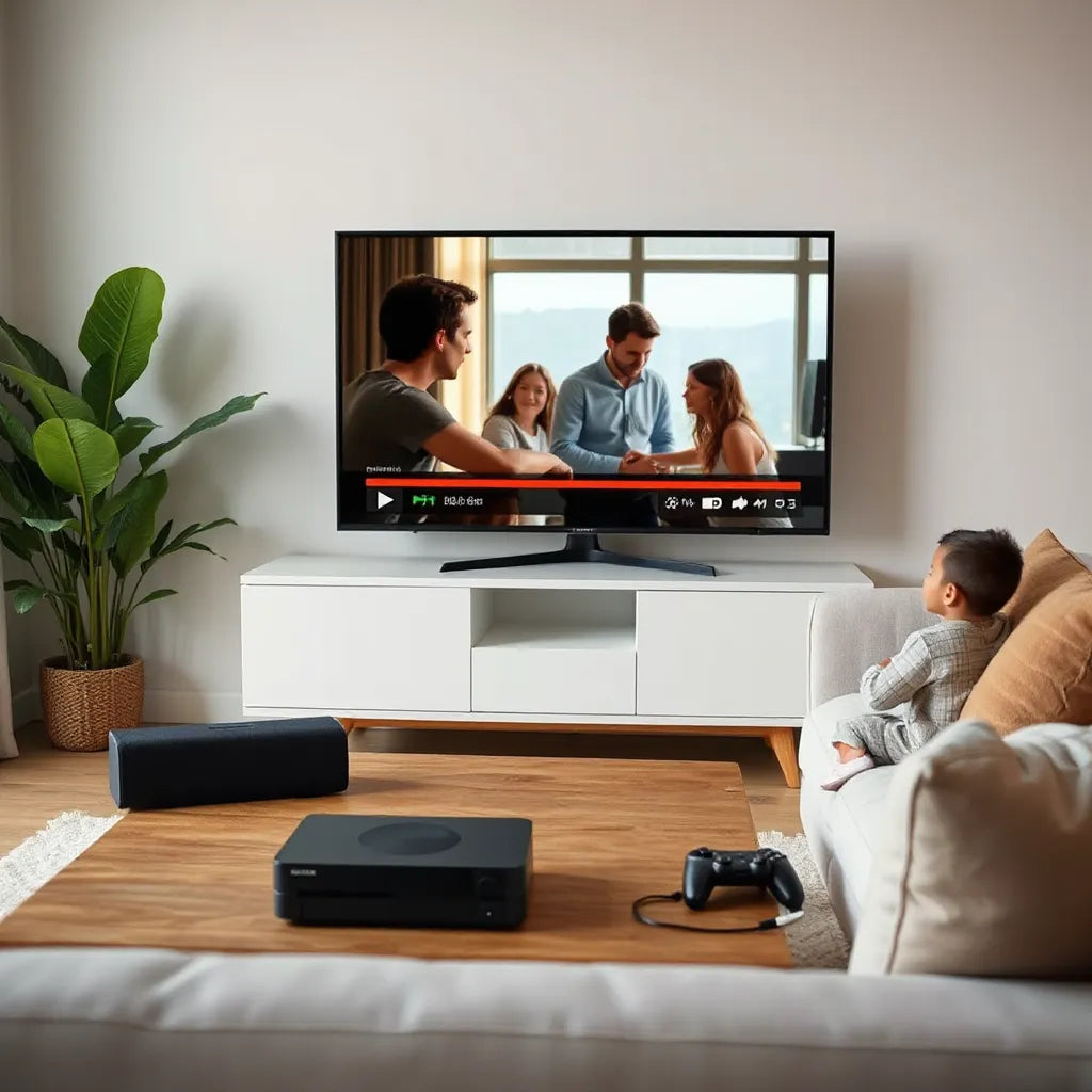 Cozy living room with a flat-screen TV, game console, and compact speaker for affordable home entertainment