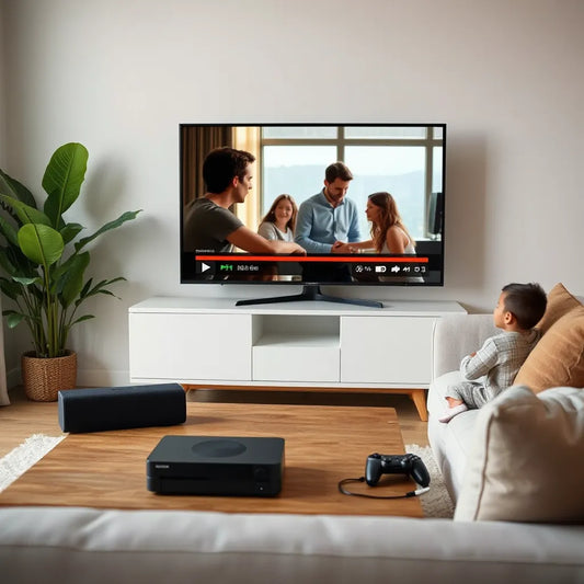Cozy living room with a flat-screen TV, game console, and compact speaker for affordable home entertainment
