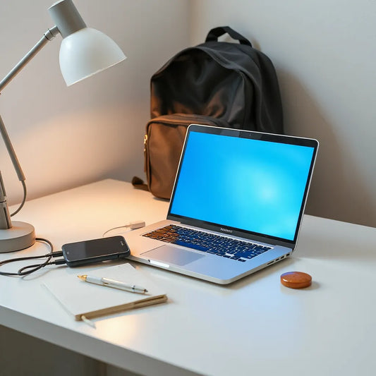 Slim laptop on a study desk with backpack, notebook, pen, and charging cable for school use