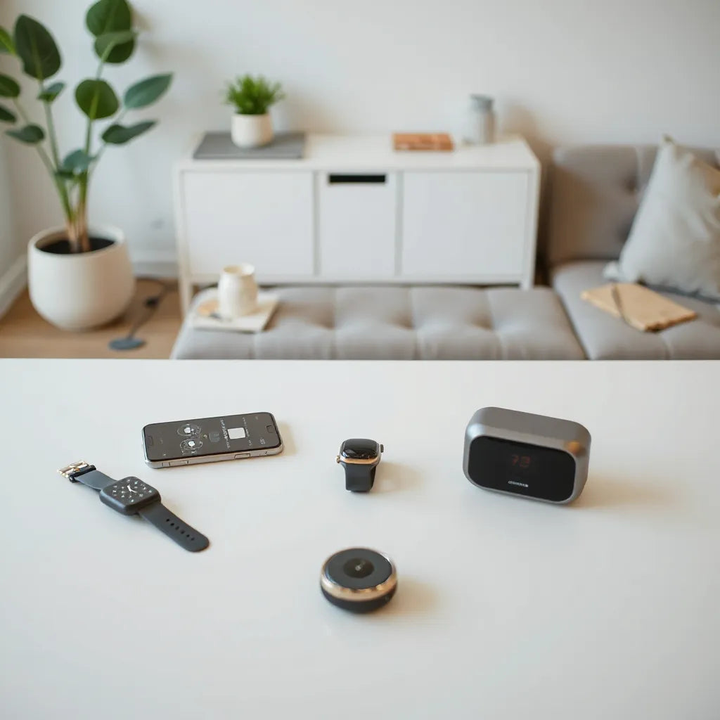 Modern living room with neatly arranged smartwatch, phone, earbuds, and smart home devices