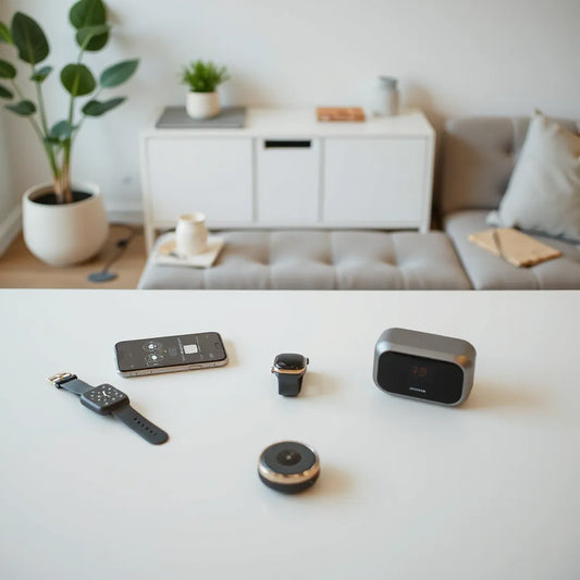 Modern living room with neatly arranged smartwatch, phone, earbuds, and smart home devices