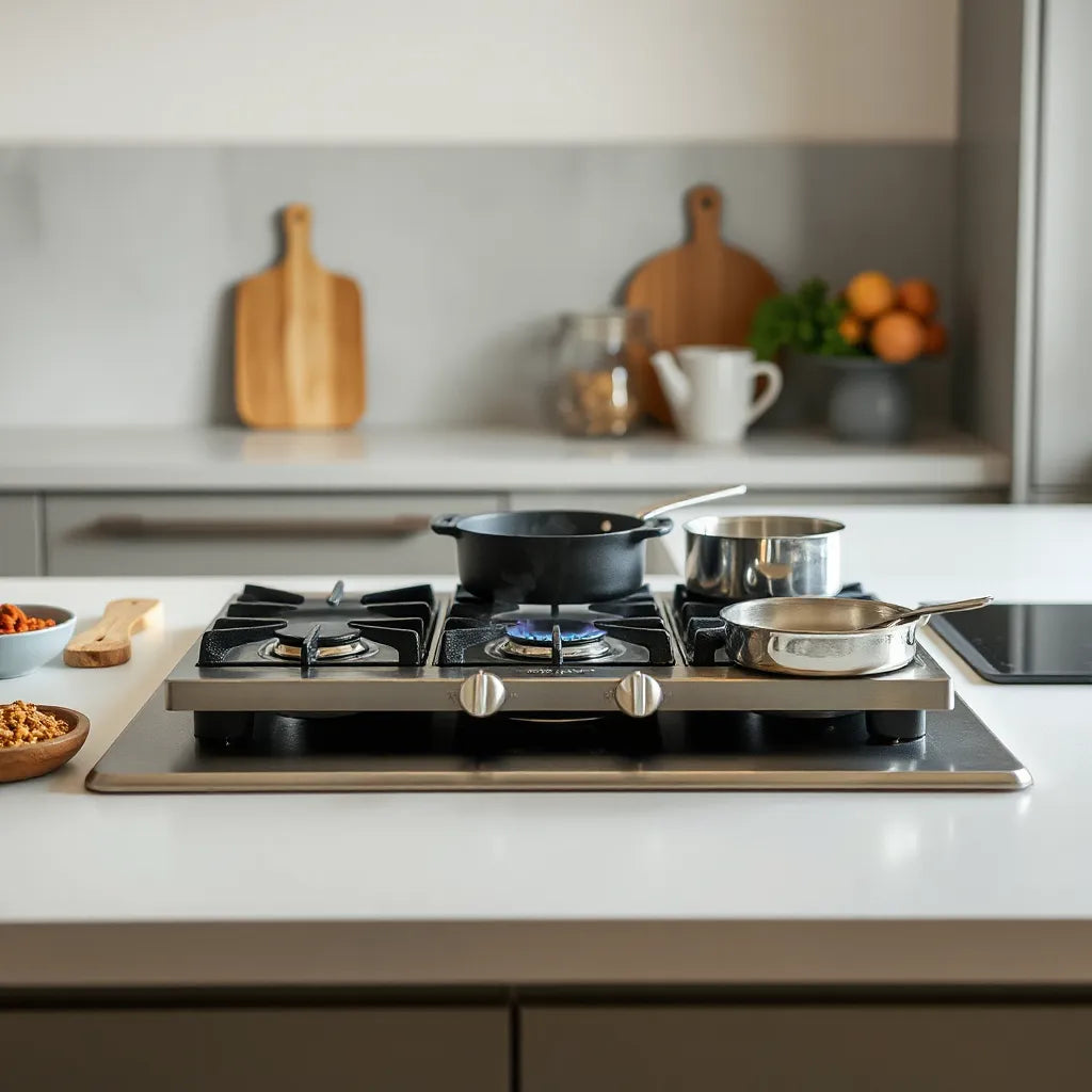 Modern multi-burner hob with cookware in a clean kitchen, showing steady heat for cooking