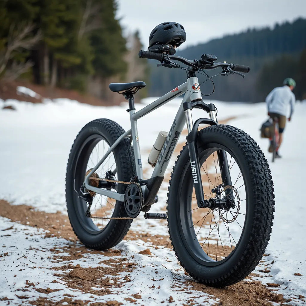 Fat-tire bicycle with oversized knobby tires on a trail, showing setup details for comfort and control
