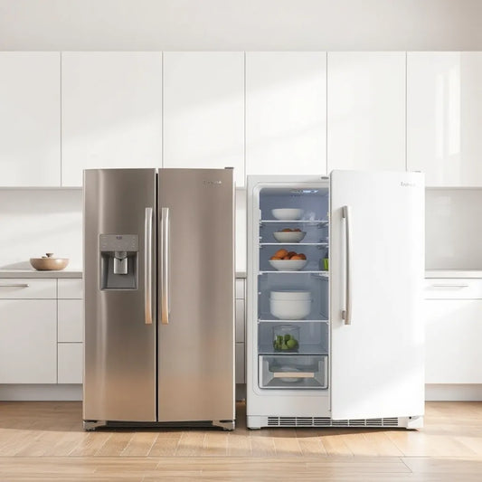 Compact modern refrigerators in a bright kitchen, highlighting storage-ready designs and finishes for budget buyers