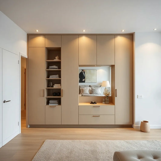 Built-in smart wardrobe wall in a modern 3 BHK living space with warm lighting and sleek storage compartments
