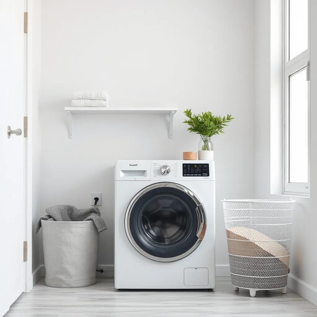 Modern washing machine in a bright laundry room with folded towels and a hamper