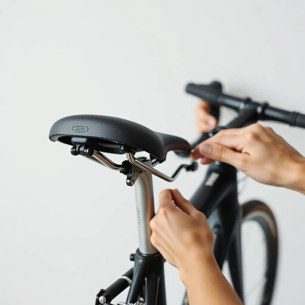 Bicycle saddle with adjustable rails being tuned by hands for better riding comfort