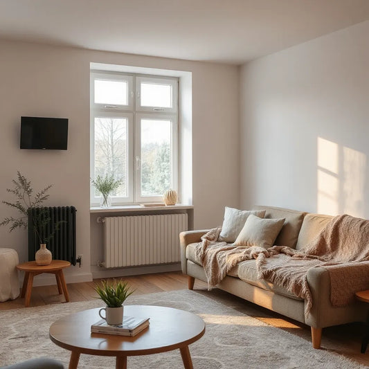 Cozy living room with a wall-mounted heating unit providing warm light near a window