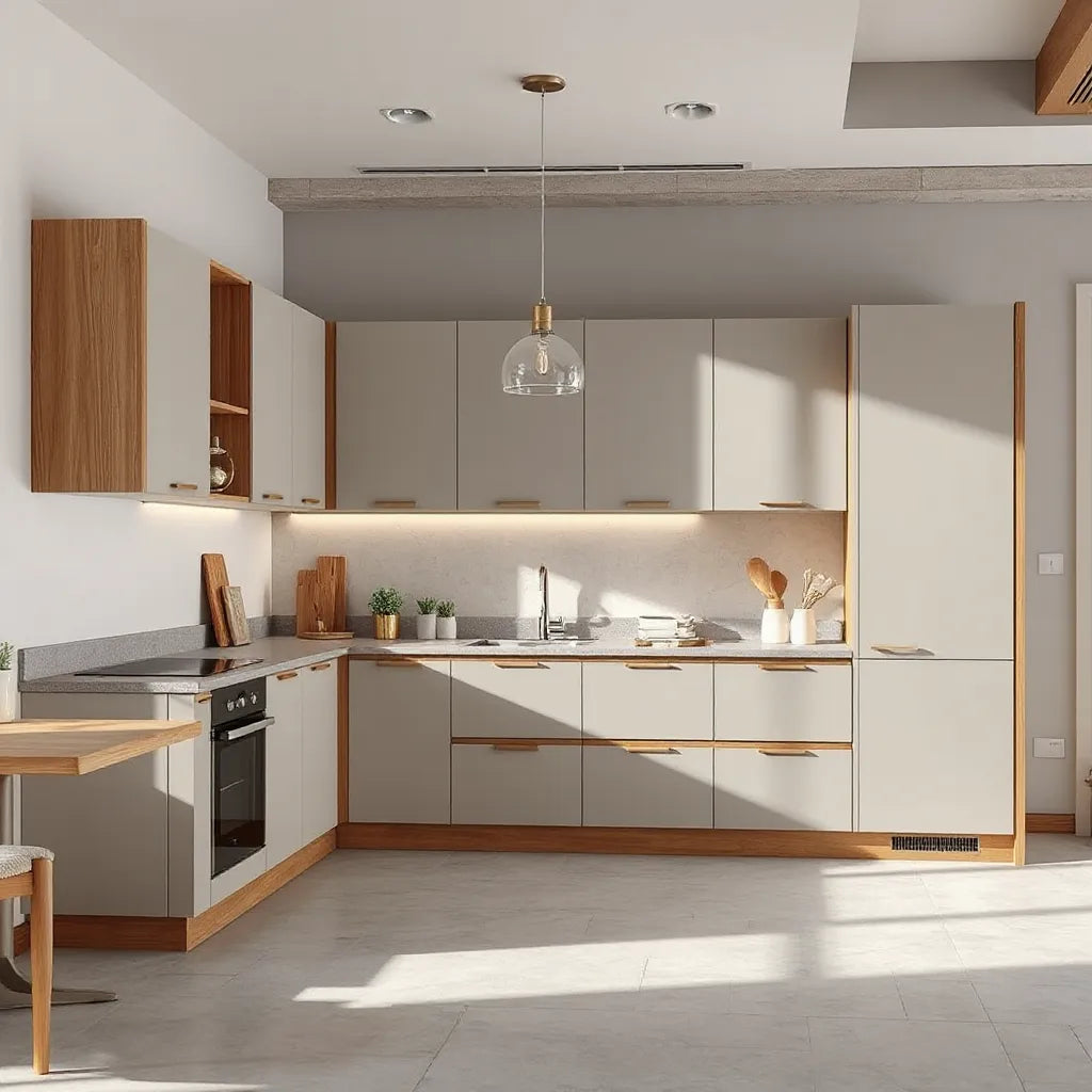 Modern modular kitchen with sleek cabinets, stone countertop, and warm lighting