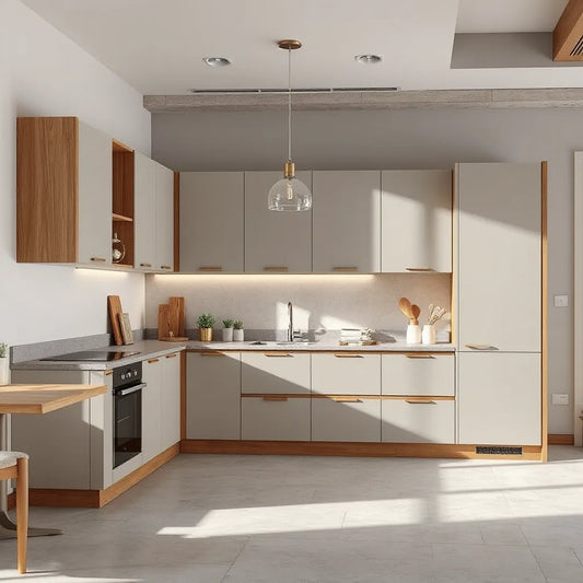 Modern modular kitchen with sleek cabinets, stone countertop, and warm lighting