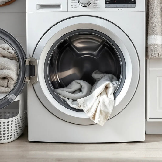 Modern washing machine drum with gently swirling water and neatly creased-reduced garments