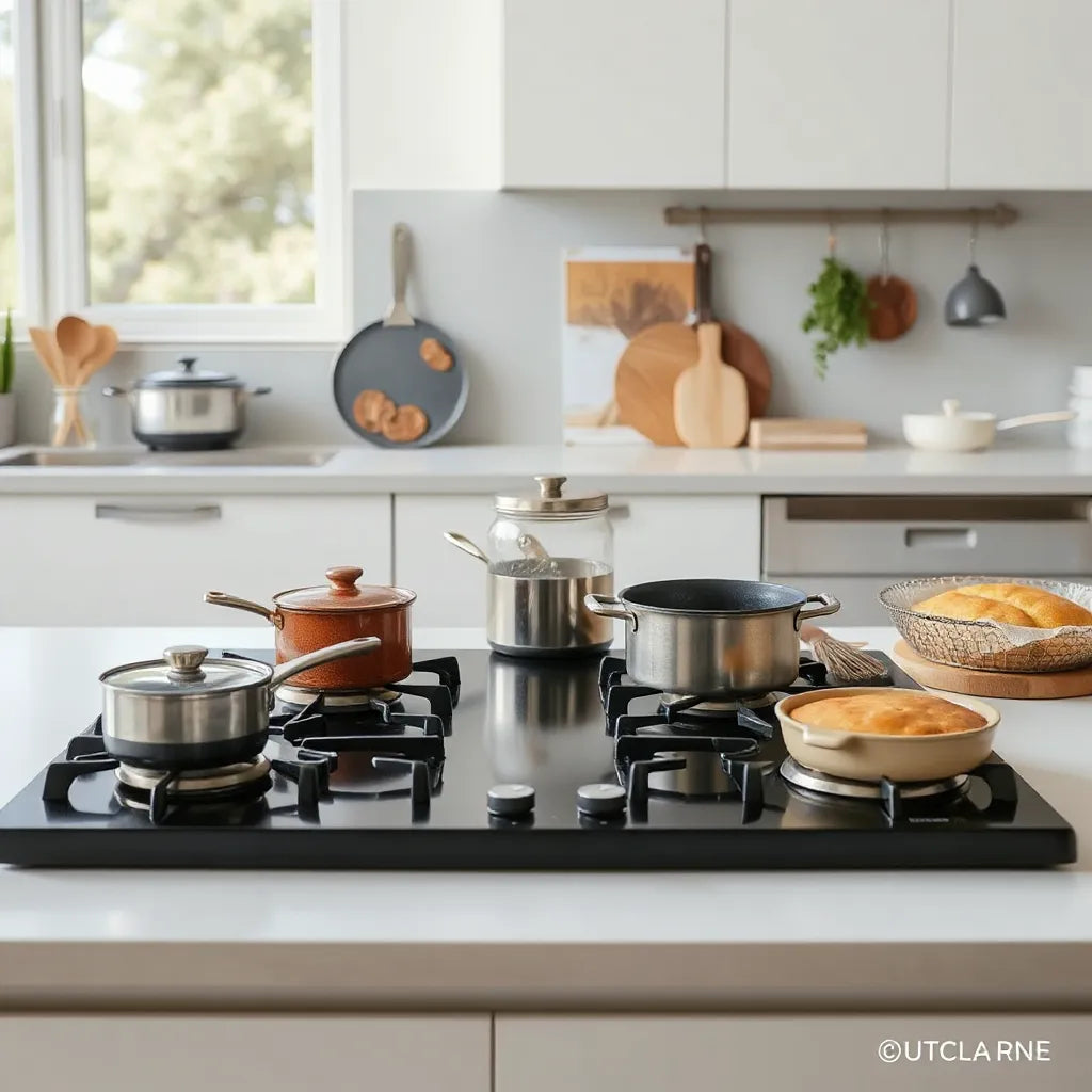 Four-burner cooktop with multiple pots and skillets arranged for faster, more efficient cooking
