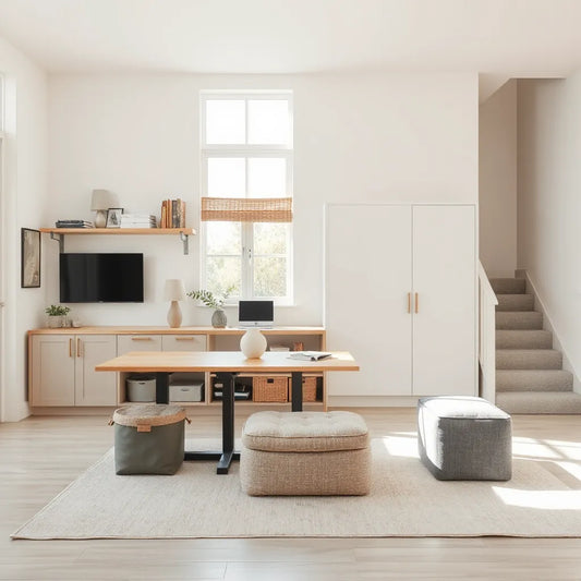 Bright small living room featuring built-in wall storage, under-stair cabinets, and neatly organized space