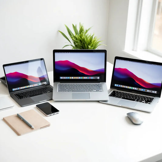 Three affordable laptops on a clean desk with neutral accessories and soft natural light