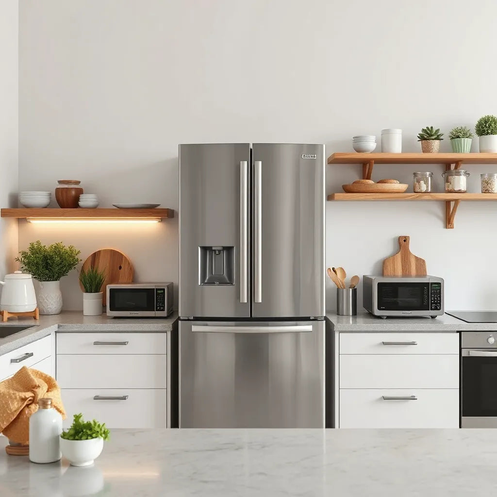 Modern refrigerator in a clean kitchen, showcasing a sleek double-door design suitable for budget shoppers.