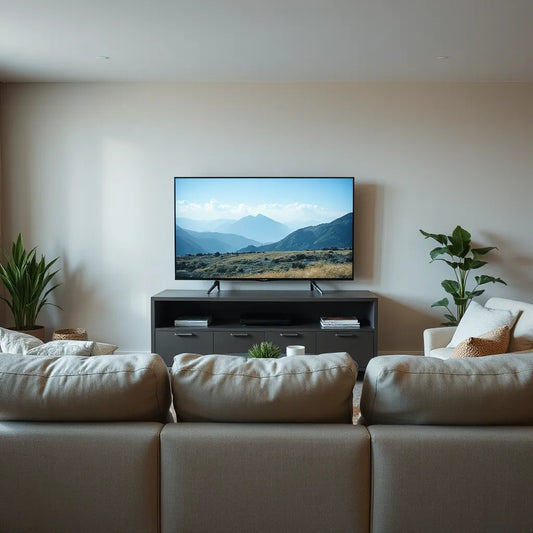 Modern flat-screen TV displaying a cinematic scene in a bright living room setting