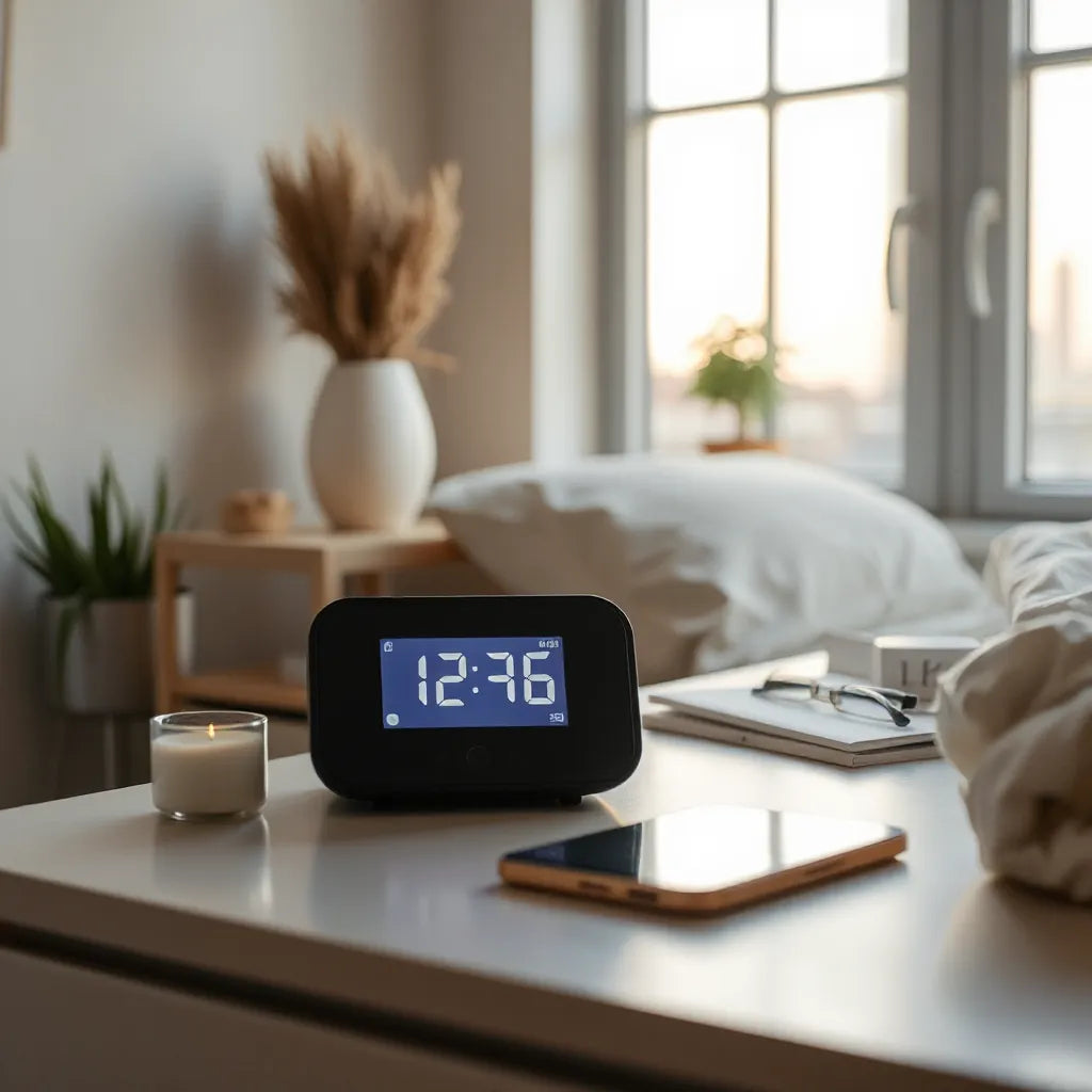 Modern alarm clock with smart voice features on a bedside table in early morning light