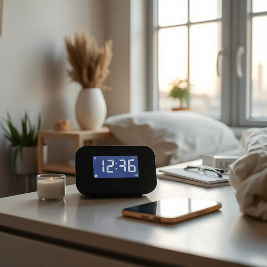 Modern alarm clock with smart voice features on a bedside table in early morning light
