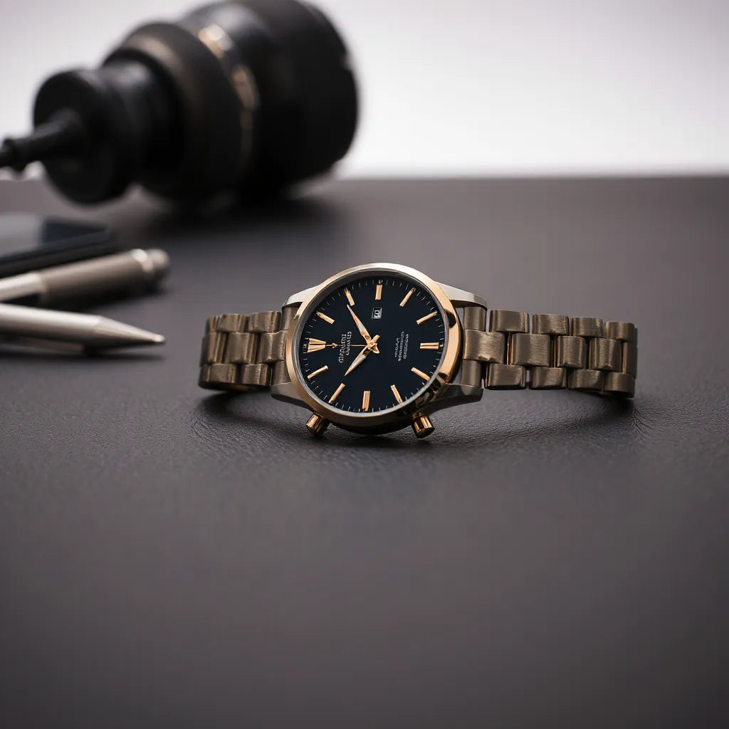 Elegant men’s wristwatch with a refined dial and metal band resting on dark leather
