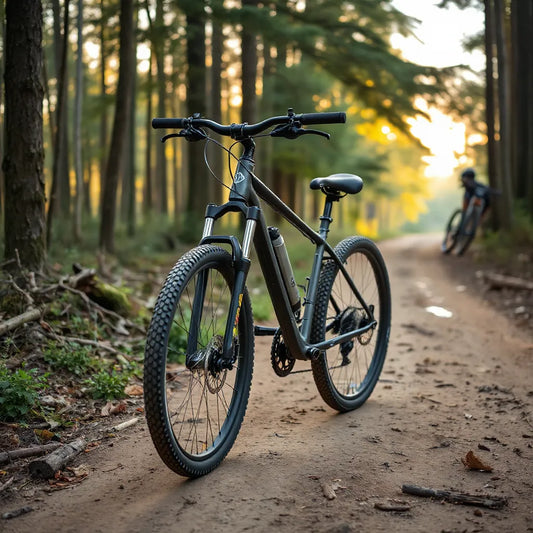 Entry-level mountain bike with front suspension and disc brakes on a dirt trail near trees