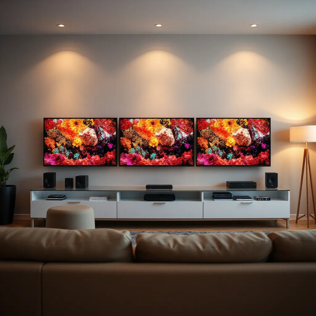 Three 65-inch flat-screen TVs on a modern console in a cozy living room setting