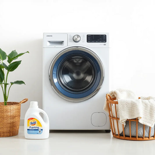 Modern front-loading washing machine in a bright laundry room with nearby detergent and laundry basket