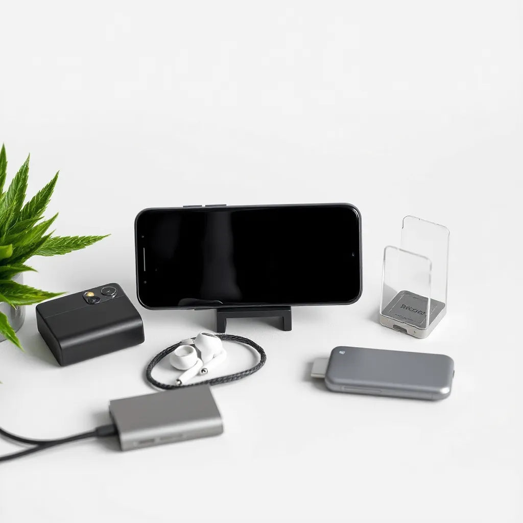 Smartphone with neatly arranged essential accessories like charger, earbuds, case, screen protector, and stand