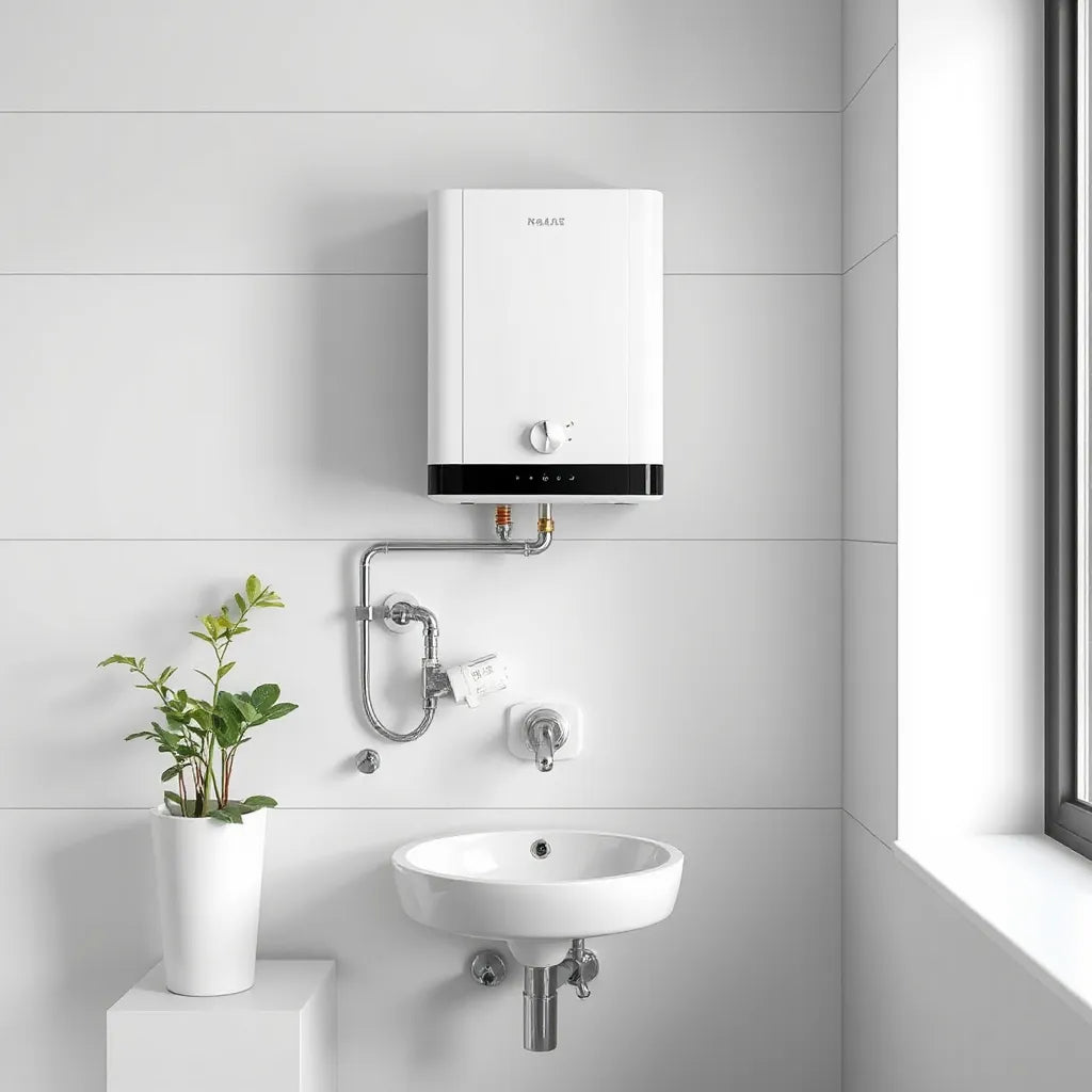 Wall-mounted ABS body water heater with plumbing connections in a clean bathroom setting
