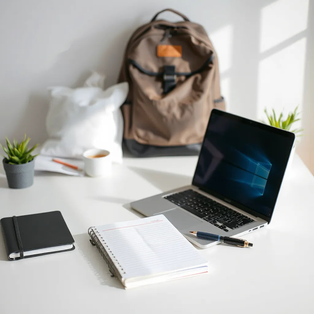 A student laptop on a desk with a notebook and pen, ready for study and coursework.