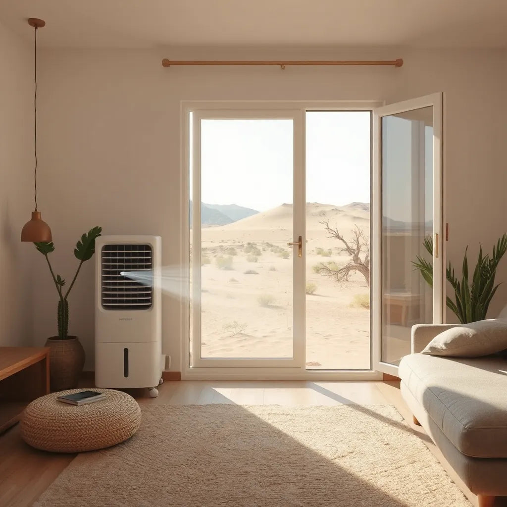 Desert air cooler by an open window with visible airflow mist in a bright living room