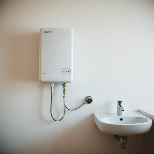 Wall-mounted geyser unit connected to water lines with a warm faucet in the background