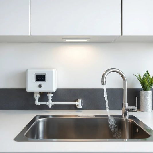 Compact water heating unit under a kitchen sink with water running from a modern faucet