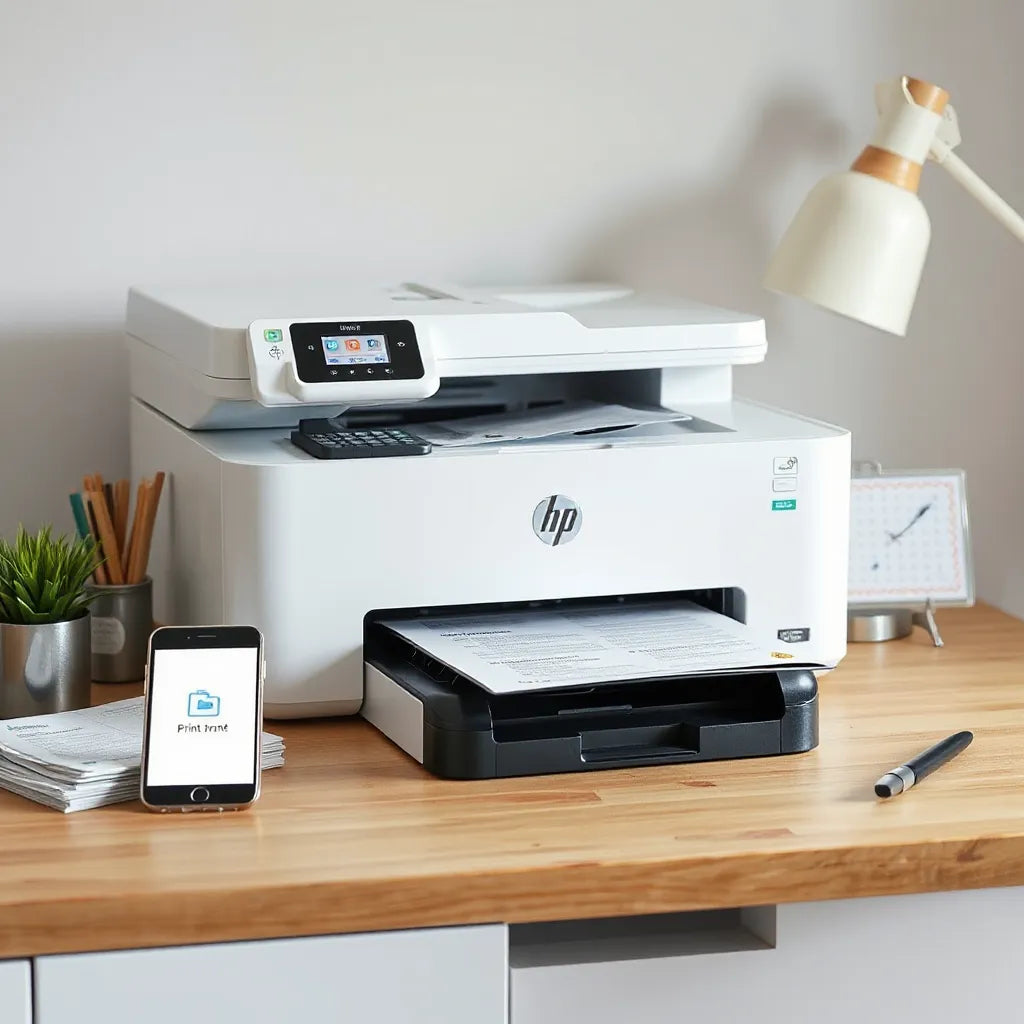 All-in-one printer on a tidy home office desk with printed pages and a smartphone