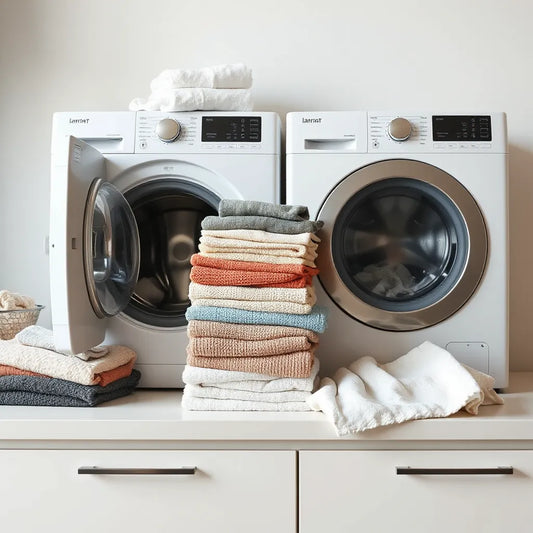 Folded clothes beside a front-loading washer with visible detergent drawer and clean fabric textures