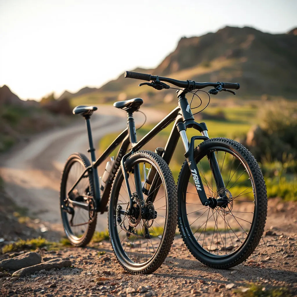Two black mountain bicycles on a dirt trail with rocky terrain in the background
