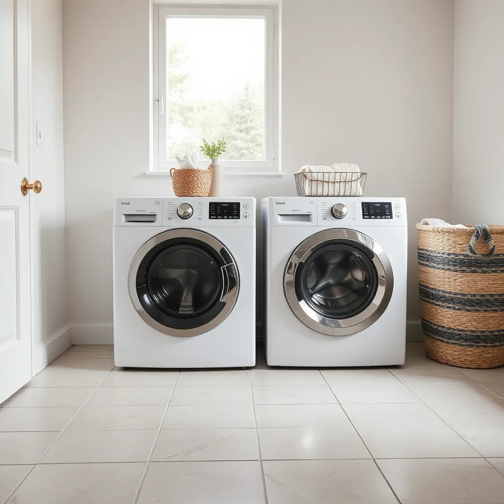 Two modern front-loading washing machines in a bright, minimal laundry room setup