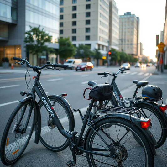 Commuter bicycles with front lights, fenders, and rear racks parked near a city street.